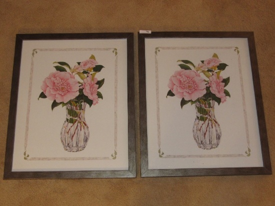Pair - Pink Rose in Vases Picture Printer in Wood Frame/Matt