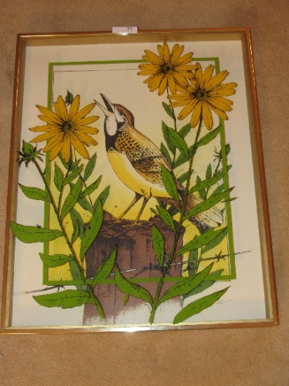 Thrush Bird on Stamp Print w/ Daffodil Print Glass Front in Brass Metal Frame/Matt