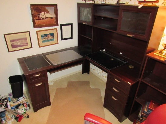 Cherry Wood Veneer Office Desk 2 Parts, 3 Drawers, 2 Doors, 1 Pull Out Keyboard Desk