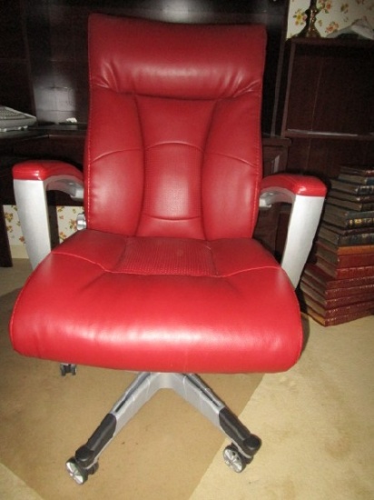 Red Leather Upholstered Office Chair Metal Base on Casters