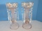 Exquisite Pair - Pink Satin/Clear Glass Mantle Lustres Hand Painted Lily/Foliate Design