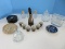 Lot - Glass Jars w/ Lids, 3 Spice Jars w/ Cork Stoppers Etched Flower, Coasters w/ Holder