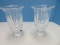 Pair - Lead Crystal Footed Hurricane Candlestick Holder Criss-Cross w/ Vertical Cut Pattern