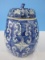 Semi-Porcelain Pear Shape Jar w/ Stem Finial Lid Blue/White Oriental Classic Design