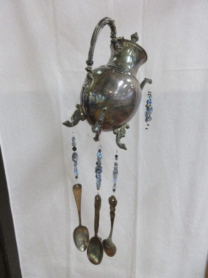 Whimsical Silverplated Teapot Flatware Wind Chime w/ Blue Iridescent/Black Faceted Accents