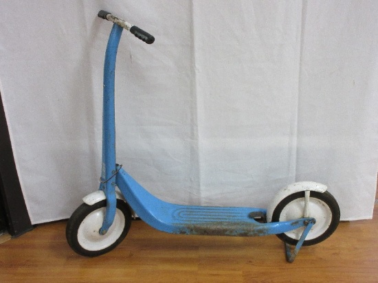 Vintage Awesome Radio Flyer Scooter Blue w/ White Trim, Foot Break & Kick Stand