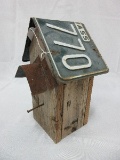 Primitive Folk Art Style Weathered Bird House w/ 1966 Mass. License Roof & Tin Porch Cover
