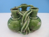 Unique 4 Terra Cotta Vessel Vases w/ Intertwined Handles Green Craquelure Glaze Finish