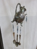 Whimsical Silverplated Teapot Flatware Wind Chime w/ Blue Iridescent/Black Faceted Accents