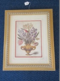Spring Bouquet in Urn Vase Ornate Gilded Antiqued Patina Frame Embossed Rope Trim/Matt