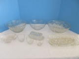 Lot - Misc. Pressed Glass Prescut Pattern Covered Butter Dish, Prescut Pattern Serving Dish