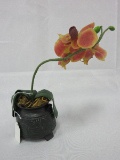 Silk Orchid in Ceramic Black Footed Pot Embossed Design Antiqued Patina