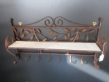 Rustic Chic Metal Embossed Foliage Wall Shelf w/ Hooks & Scrollwork Accent Weathered Patina