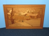 An Original Kishwood Marqueteurs Craft Swiss Alps Chalet w/ Hiker on Path Wall Plaque