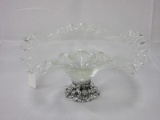 Hand Blown Glass Ruffled Bowl on Fruit & Foliate Base Silver Tone Finish