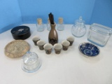 Lot - Glass Jars w/ Lids, 3 Spice Jars w/ Cork Stoppers Etched Flower, Coasters w/ Holder