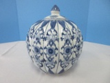 Semi-Porcelain Blue/White Oriental Design melon Shape Jar w/ Lid