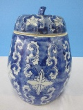 Semi-Porcelain Pear Shape Jar w/ Stem Finial Lid Blue/White Oriental Classic Design