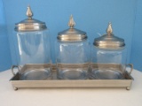 Set - 3 Glass Apothecary Jars w/ Brushed Nickel Finial Lids & Footed Rectangular Handle Tray