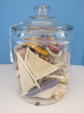 Large Pressed Glass Covered Jar w/ Maritime Nautical Theme Seashells, Starfish