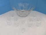 Vintage Glass Punch Bowl Panel & Swag Design w/ 12 Matching Cups