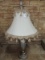 Tall Silver/Antique Patina Scalloped Urn Lamp w/ Pineapple Finial, Cream Tasseled Shade