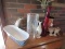 Misc. Lot - Ceramic Planter, Red Tall Glass, Tin Planters, Crackle Glass Shade, Etc.