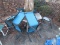 Hexagonal Glass Top Patio Table Leaf Pattern w/ 6 Blue Fabric Back/Seat Black Metal Chairs