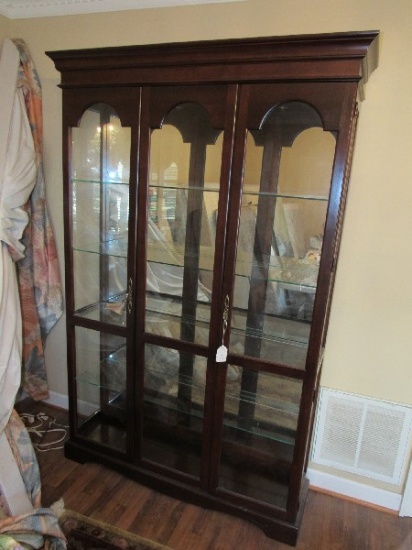 Tall Dark Wooden Display Cabinet 4 Glass Shelves, 2 Brass Pulls, 2 Doors, Curved Skirt