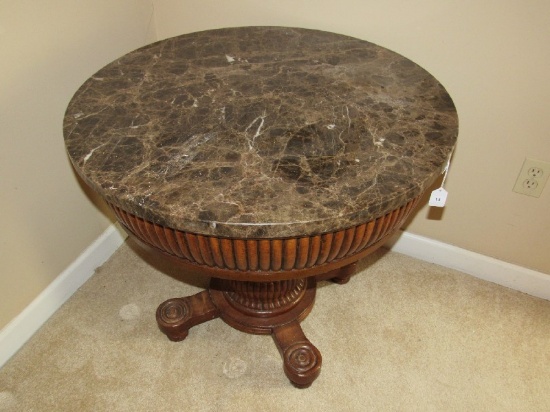 Round Grey Marble Top Side Table Scalloped Wood Sides