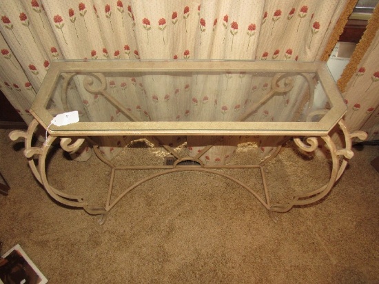 Glass Top Metal Entry Table Scrolled Design Motif w/ Stretchers