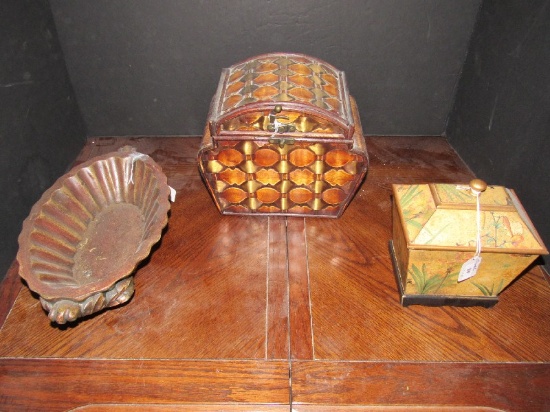 Lot - Antique Patina Storage Wooden Box, Oriental Design Storage Box