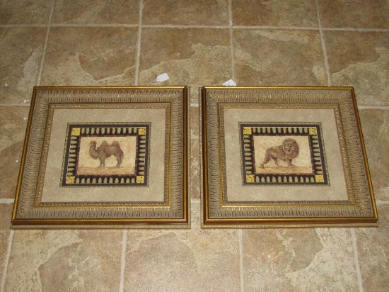 Lion/Camel Picture Prints in Ornate Gilted Wooden Frames/Matt