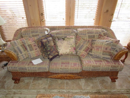 Fantastic Long 3 Seat Patio Sofa Wicker Skirting, Scalloped Wood Arms
