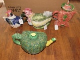 4 Whimsical Teapots - Chicken Blue, Rooster, Tea Scale, Dept.' 56 Fruit Design