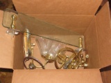 Lot - Brass Rings, Pair Wall Mounted Sconces w/ Glass Shades, Long Glass Wall Mounted Shelf