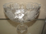 Large Lead Crystal Glass Bowl on Pedestal Stand Etched Rose Pattern, Hobnail/Oval Center