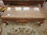Pair - Wicker/Wood Low Table w/ Glass Top Carved Scroll/Acanthus Corners to Claw/Ball Feet