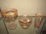 Lot - Pink Glass Tall Candy Dish w/ Gilted Rim, Matching Cup, Low Dish on Pedestal w/ Gilt Band