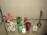 Misc. Lot - Ceramic Cow, Tall Metal Bud Vase, Kanowha Green Glass Mini-Pitcher
