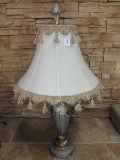 Tall Silver/Antique Patina Scalloped Urn Lamp w/ Pineapple Finial, Cream Tasseled Shade