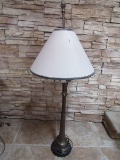 Tall Brass Patina Column Design Lamp w/ Pineapple Finial, Cream/Black Trim Shade