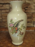 Pair - Birds/Floral Gilted Scene Motif Tall Ceramic Vase Gilted Rim