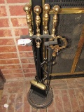 5-Piece Matte Black Metal Fireplace Set Brass Spindle Handles
