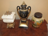 3 Ceramic Vases, 1 Urn Vase Floral Pattern, 1 Antique Ribbed Design w/ Acanthus Leaf Motif