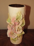 Tall Ceramic Vase w/ Rose/Leaf Scallion Front Signed on Base