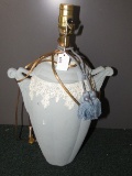 Tall Sky Blue Ceramic Lamp w/ White Ornate Scallion Trim w/ Curled Handles