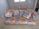 Alan White Company Blue/Orange Floral Pattern Settee w/ Rolled Arms, Pillows