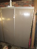 Brown Metal Cabinet 2 Doors 3 Inner Shelves, 2 Drawers, Metal Base Wooden Top