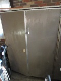 Brown Metal Cabinet 2 Doors 3 Inner Shelves, 2 Drawers, Metal Base Wooden Top